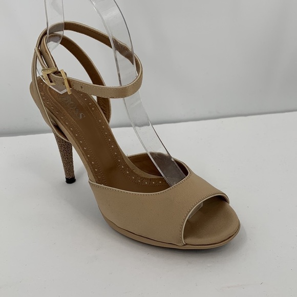 Hugo Boss tan satin ankle wrap sandal shoe champagne beaded heel platform 37.5 7 - Picture 2 of 9